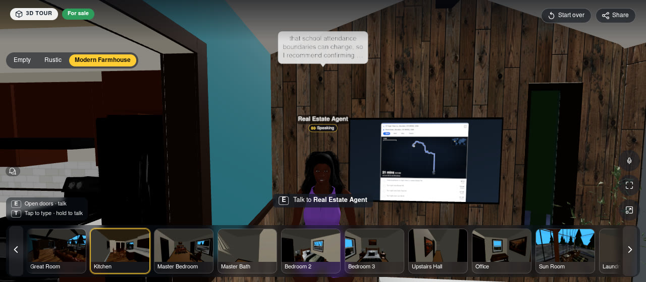 The in-world AI real estate agent answering a visitor's question next to a TV showing directions