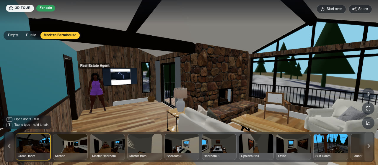 Great room of the 37 High View Lane demo home with the AI real estate agent beside a TV showing directions