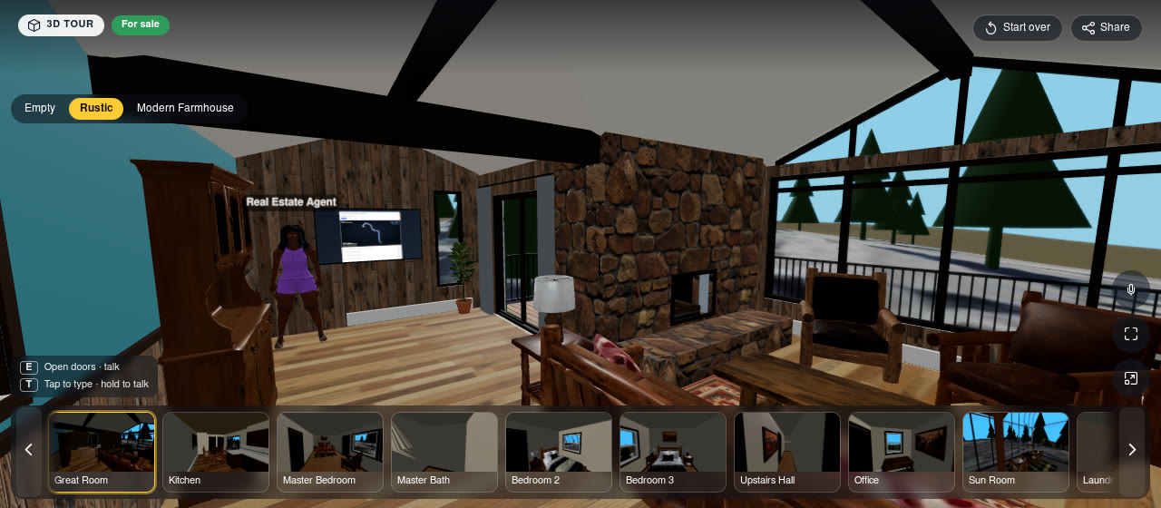 Great room in the Rustic staging, with the staging switcher in the corner